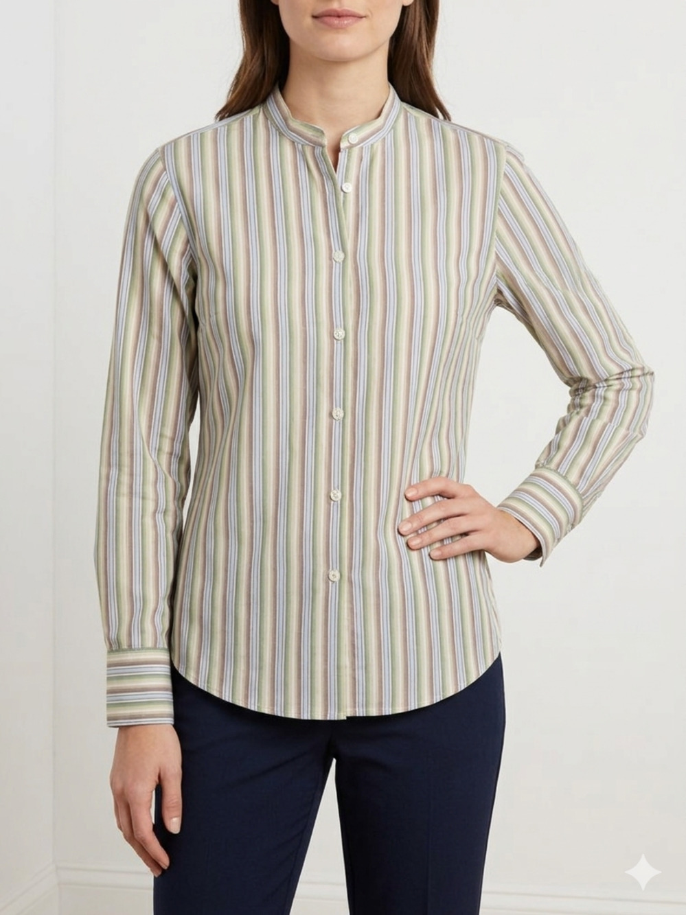 Charter Club Striped Band Collar Long Sleeve Button Down Blouse Shirt Top 6